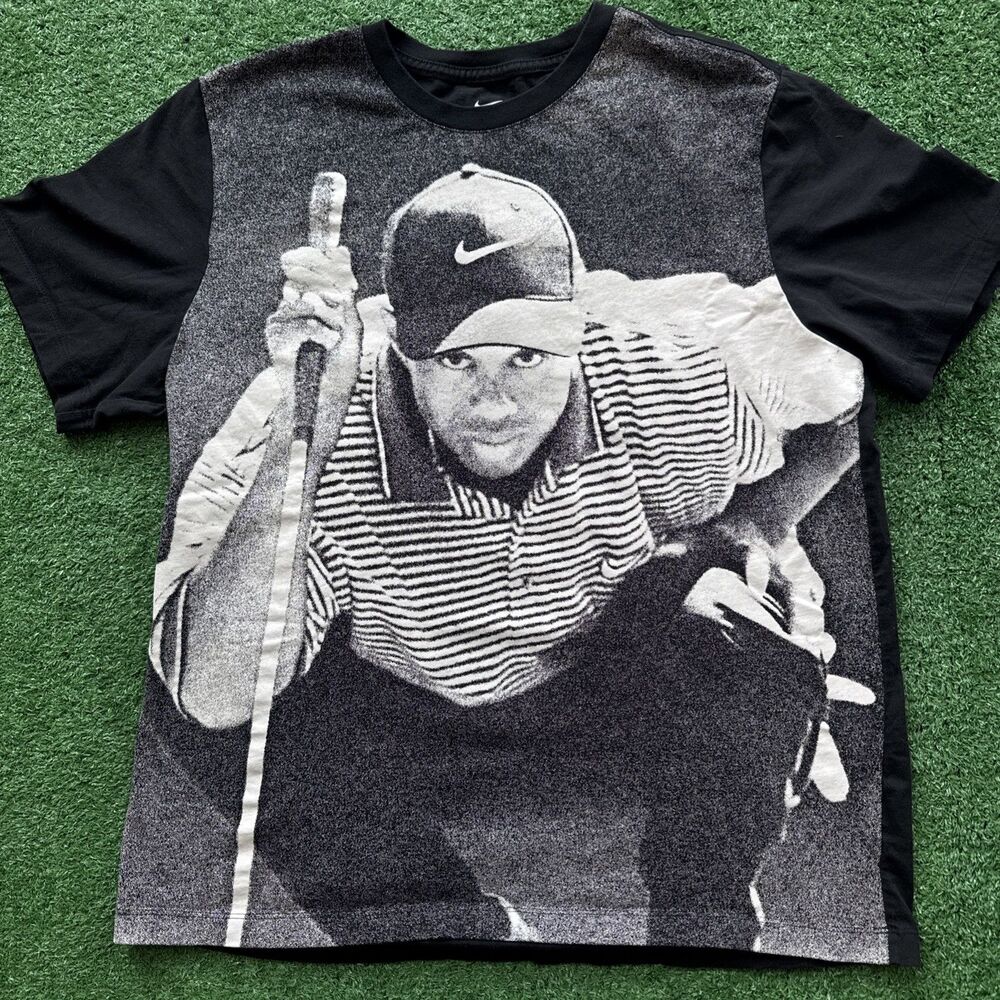 Nike Golf Tiger Woods Poster Tee Black Shirt All Over Print Men’s Size XL - Picture 1 of 5
